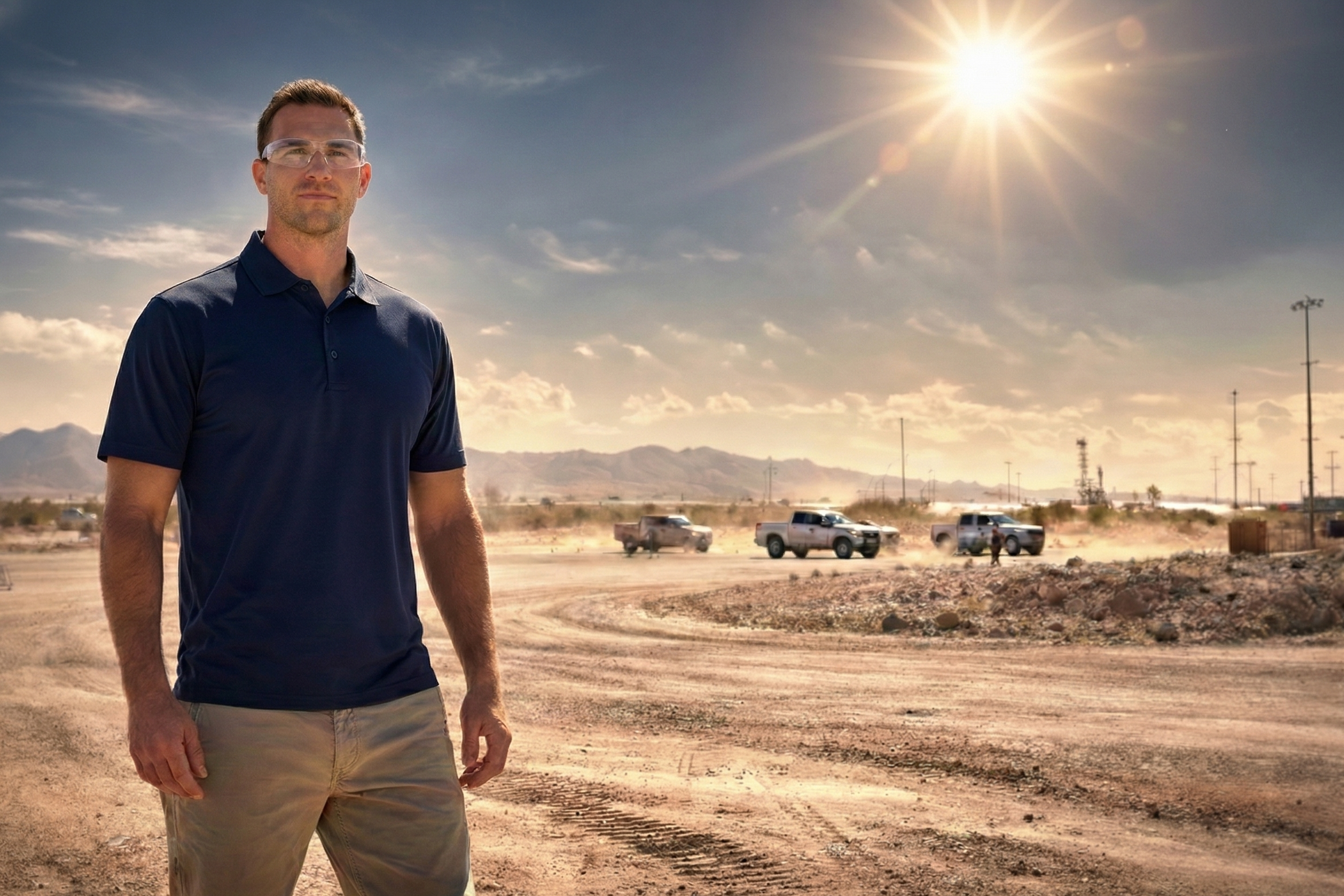 Man standing in a desert landscape with vehicles and mountains in the background. He is wearing a custom polo shirt that is made from cooling fabric that protects him from the heat and sun.
